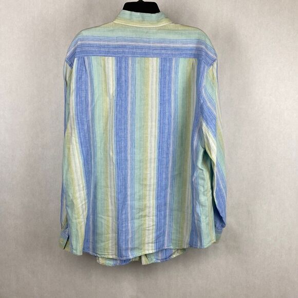 Caribbean Mens Button Down Shirt Size L Linen Cotton Blue Green Cream Stripes Lo - Picture 5 of 10